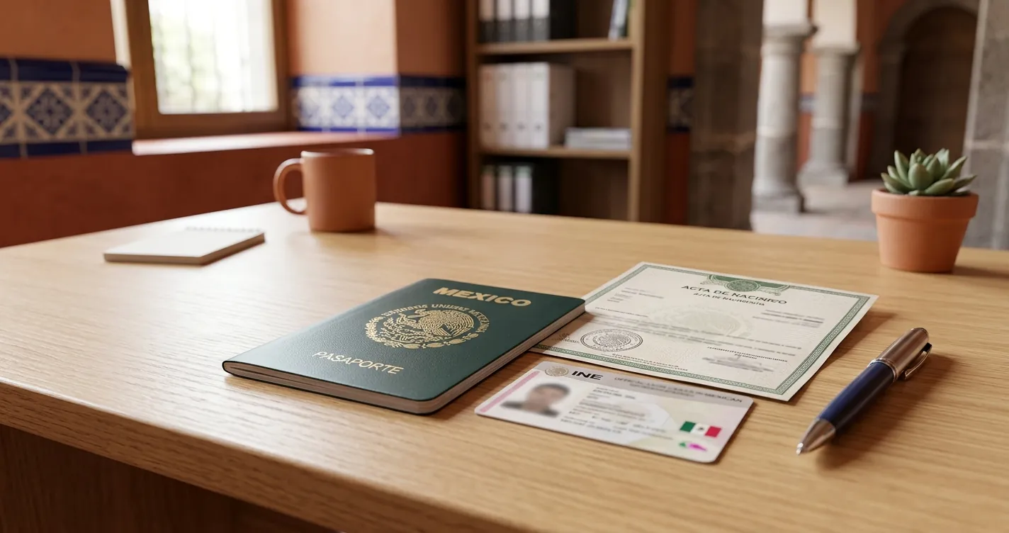 Trámite de pasaporte en Puebla con documentos oficiales sobre escritorio
