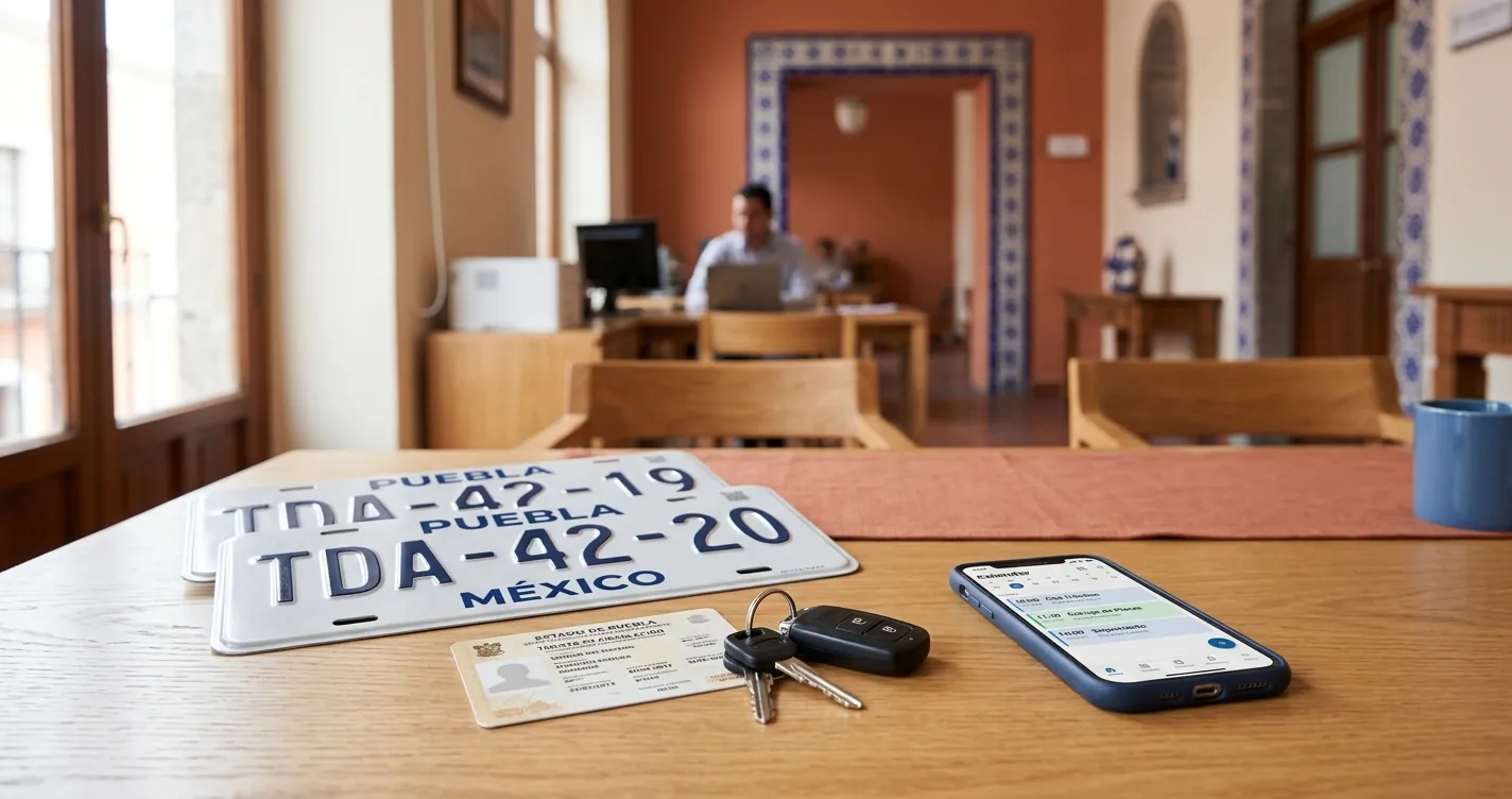 Cita para cambio de placas en Puebla con placas nuevas y documentos sobre escritorio