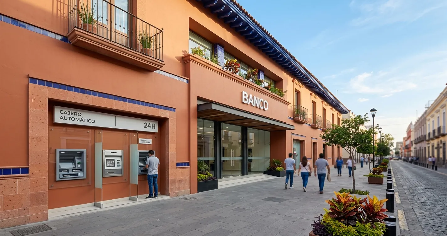 Bancos en Puebla - Sucursal bancaria moderna con cajeros automaticos