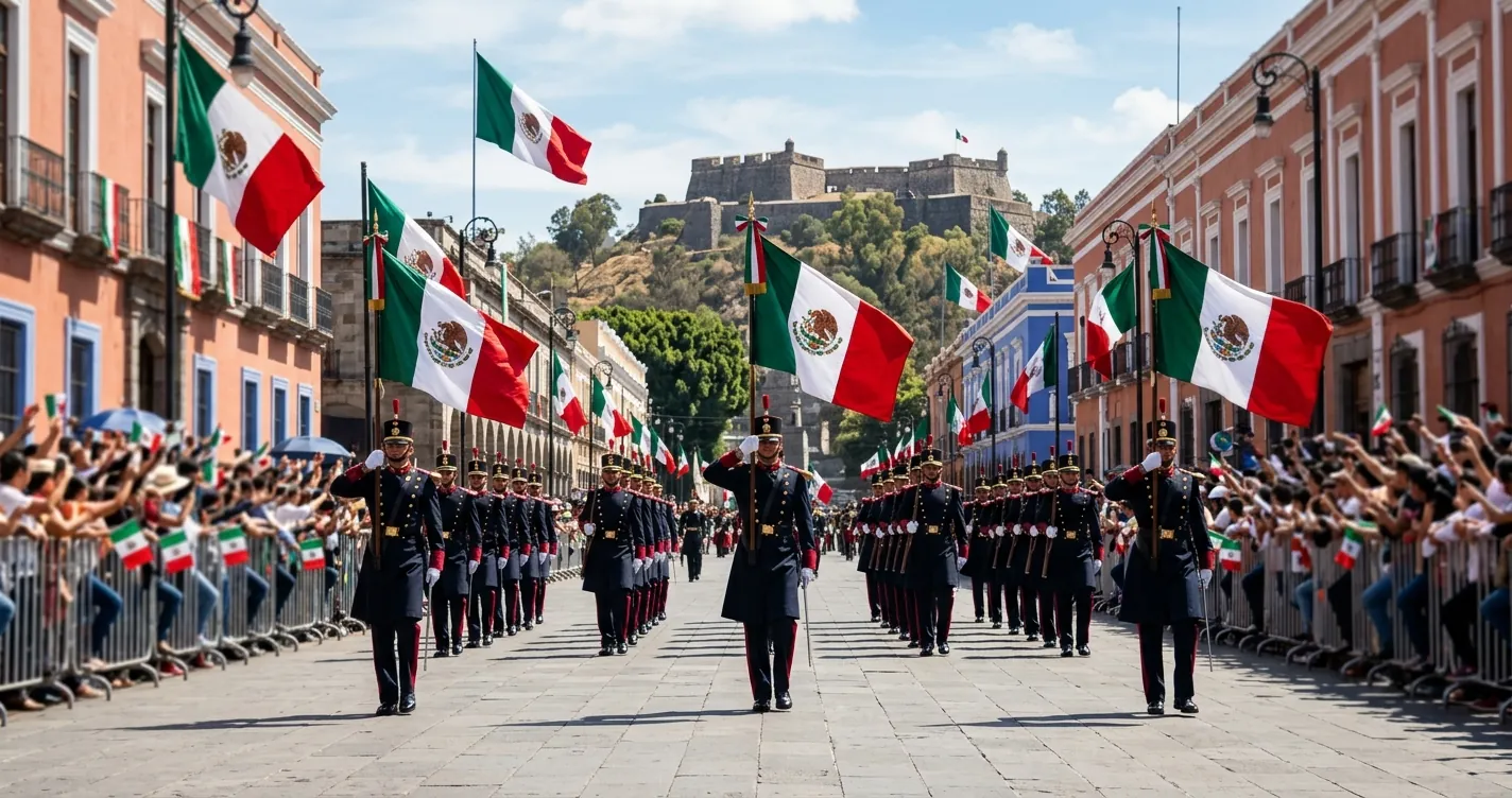 Desfile del 5 de Mayo en Puebla 2026 con soldados marchando frente a los Fuertes de Loreto y Guadalupe