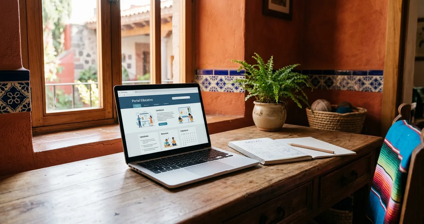 NIA Puebla consultar - Padre de familia revisando el portal de la SEP en una laptop sobre escritorio hogareño