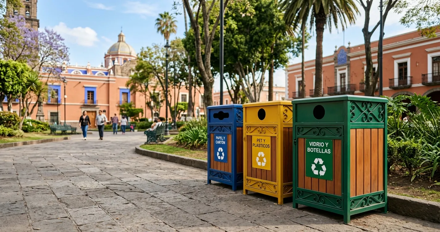 Centros de reciclaje en Puebla con contenedores tricolor para papel, PET y vidrio