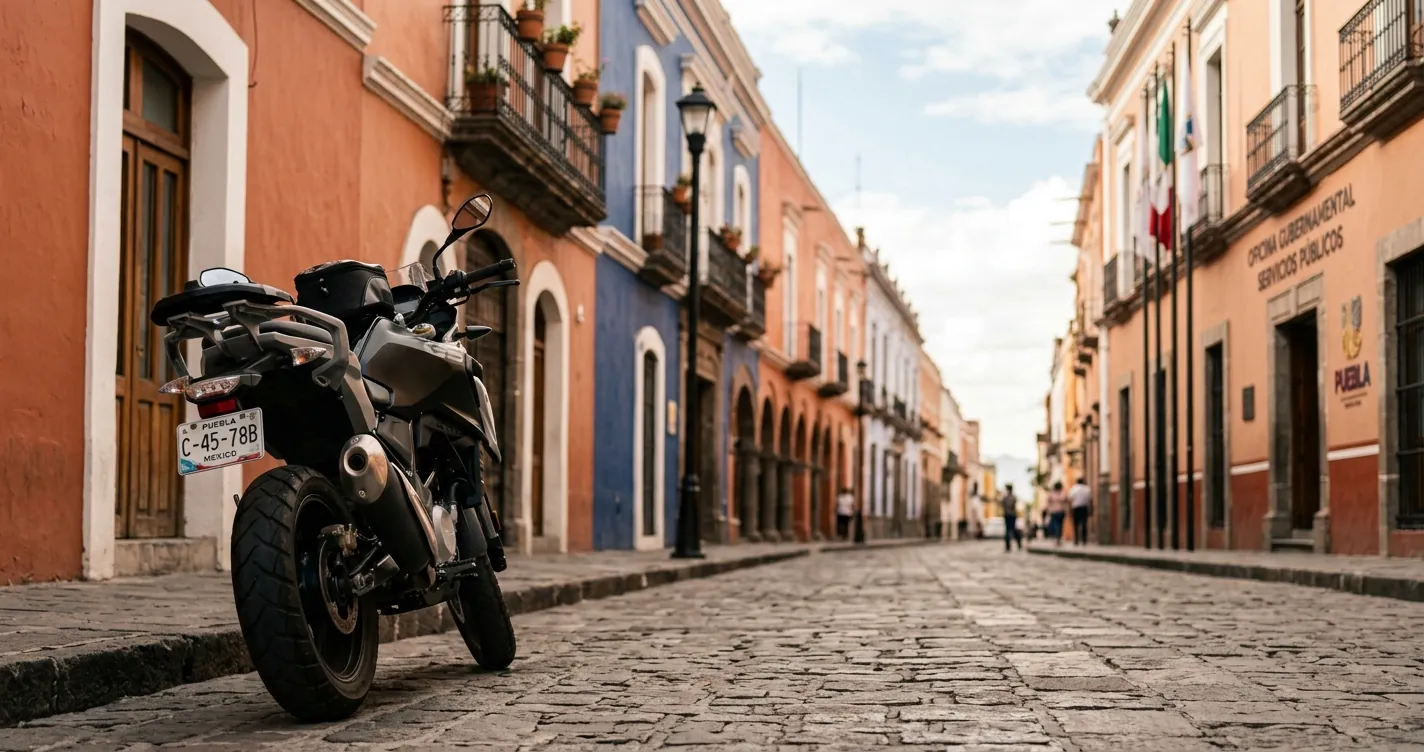 Emplacar moto en Puebla requisitos 2026 - Motocicleta con placas mexicanas frente a edificio colonial poblano