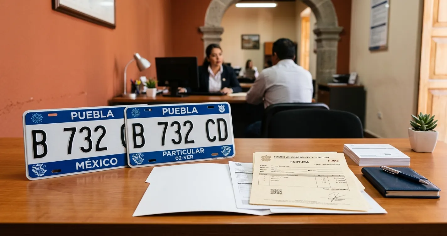 Requisitos para emplacar en Puebla 2026 - placas y documentos vehiculares sobre escritorio