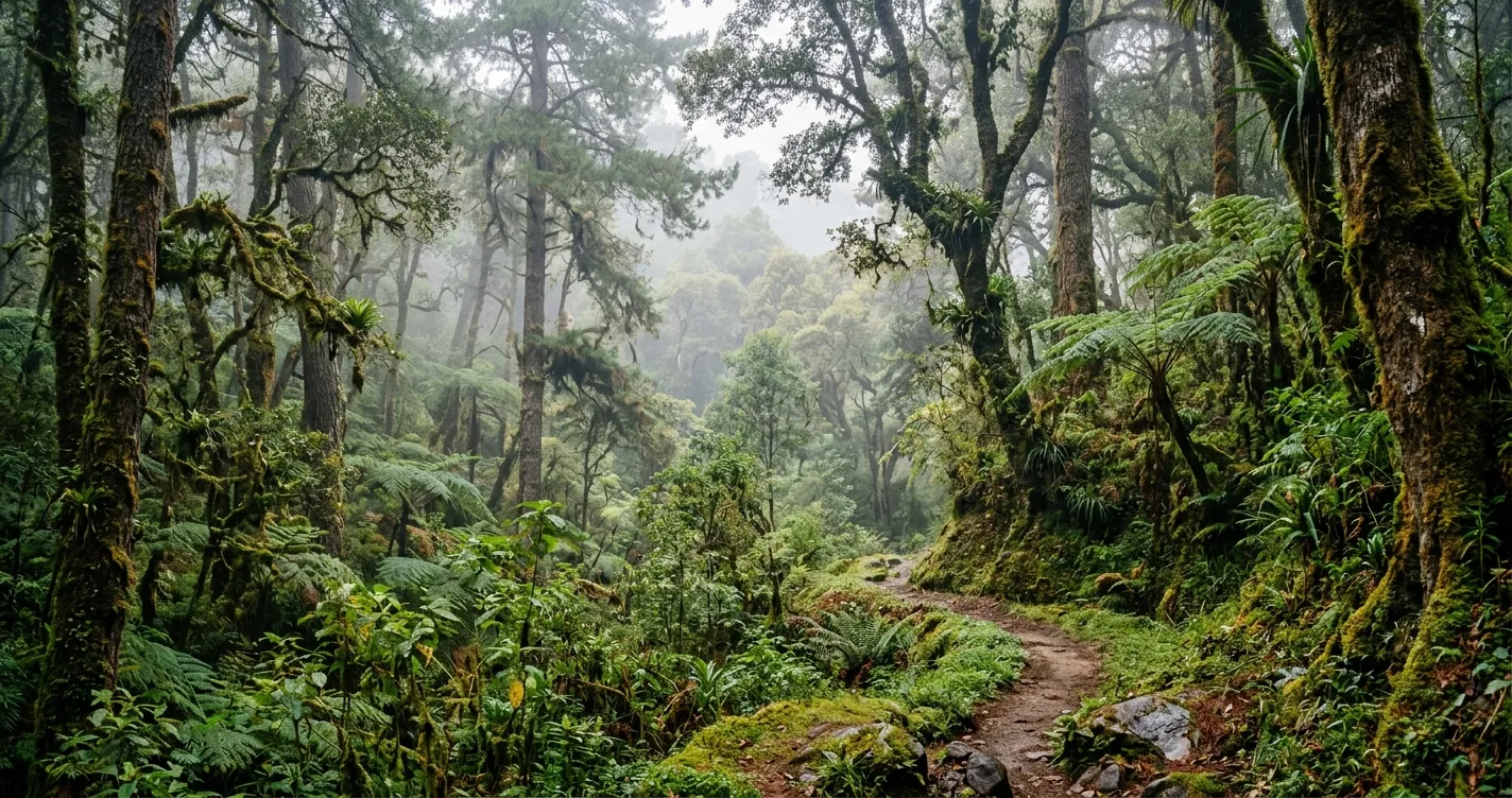 Flora y fauna de los bosques templados en Puebla: bosque de niebla con pinos, encinos y helechos en la Sierra Norte