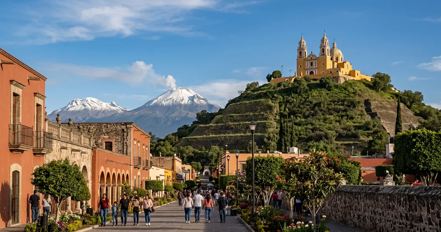 Pirámide de Cholula Puebla con la iglesia de los Remedios en la cima y volcanes de fondo