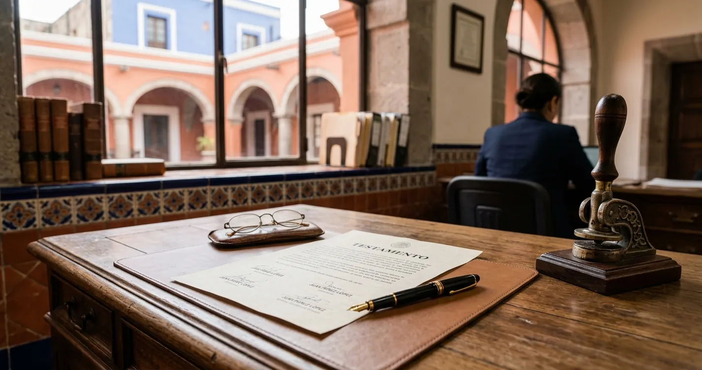 Testamento en Puebla y su costo: documento notarial, pluma y sello sobre escritorio de notaria