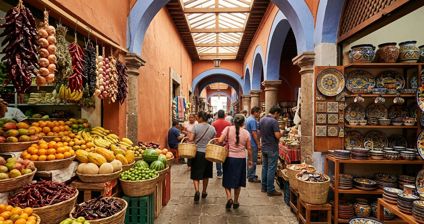 Mercados tradicionales en Puebla - puesto de productos frescos y artesanías en mercado poblano