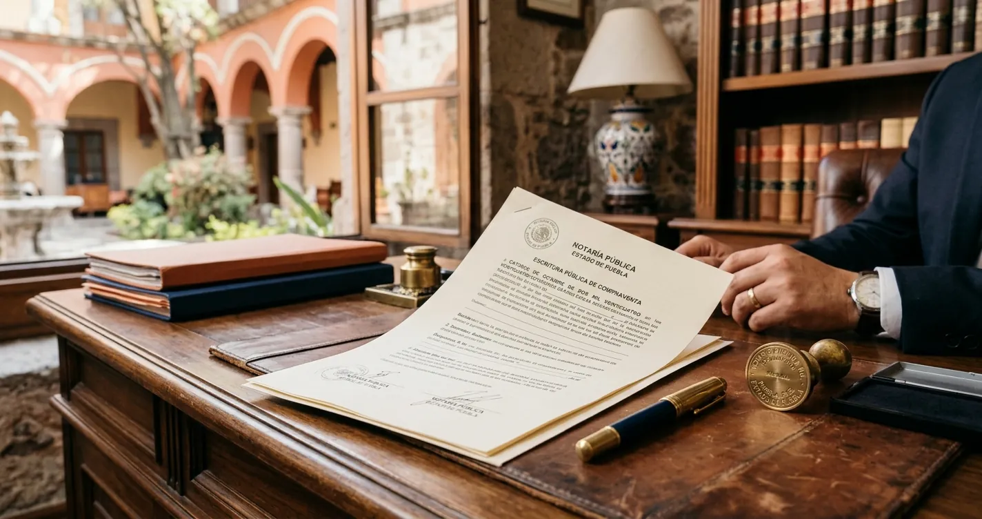 Poder notarial Puebla - Documento legal en notaría con sello y pluma