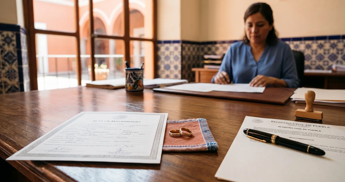 Requisitos para casarse por el civil en Puebla - anillos y documentos del Registro Civil