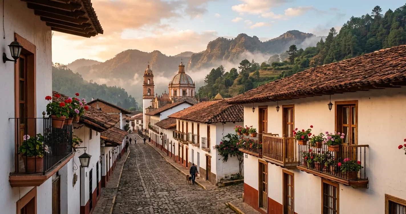 Pueblos mágicos cerca de Puebla - calle empedrada colonial de un pueblo serrano poblano