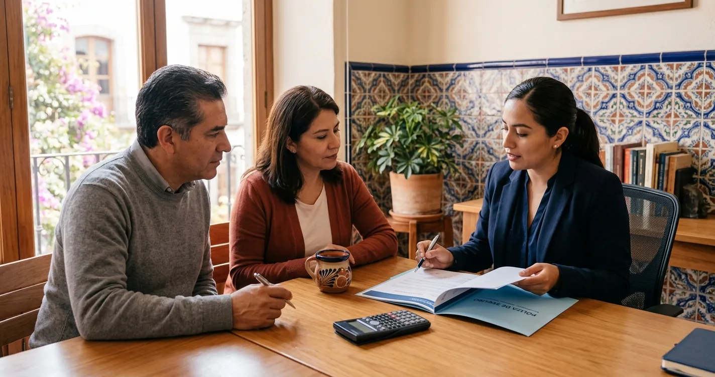 Seguro de vida en Puebla - pareja revisando con un asesor las opciones y precios de una póliza de vida en 2026