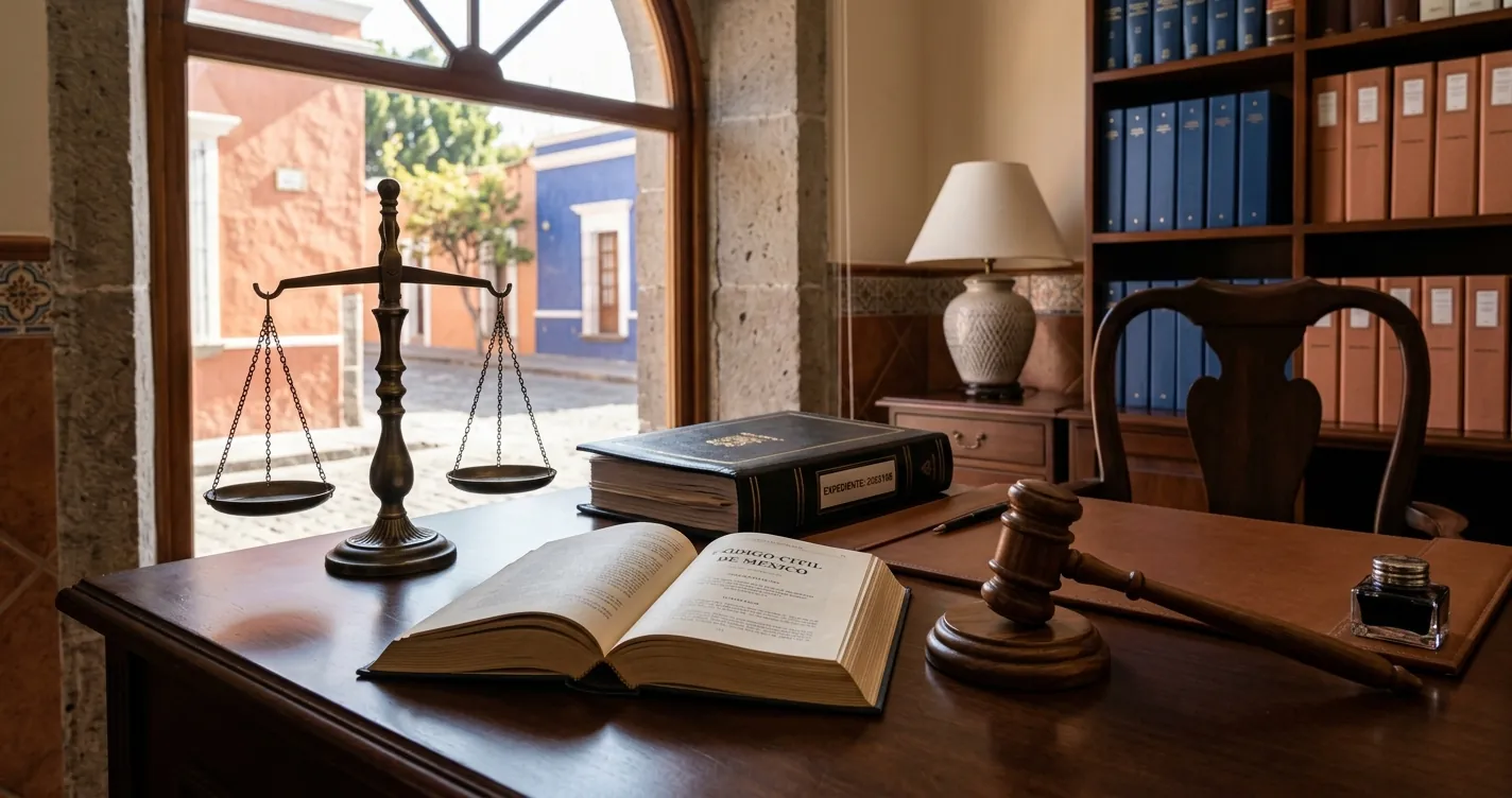 Abogados penalistas en Puebla: escritorio de despacho jurídico con balanza de la justicia y expediente legal