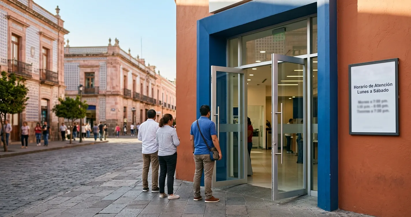 HSBC Puebla abierto sábados: fachada de sucursal bancaria con horario de atención sabatino