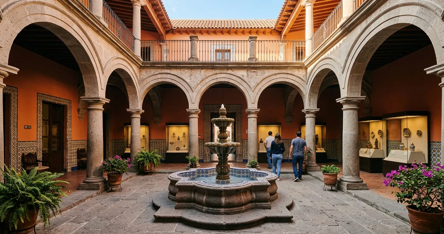 Museos en Puebla: patio colonial de cantera y talavera de un museo del Centro Histórico