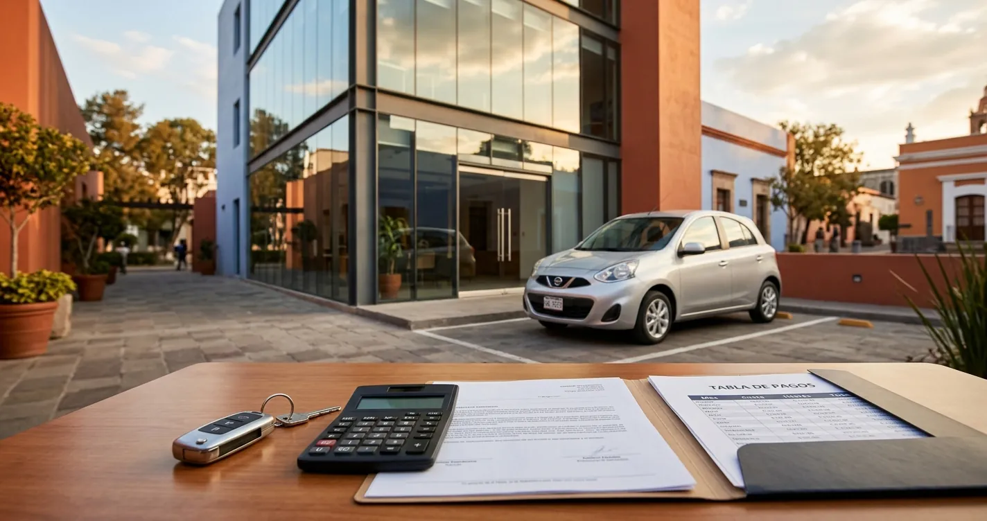 Financiamiento automotriz en Puebla - auto nuevo junto a documentos de crédito, llaves y calculadora de mensualidades