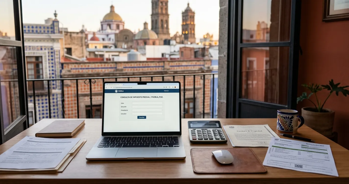 Consulta de predial por nombre en Puebla desde una laptop con documentos de propiedad sobre el escritorio