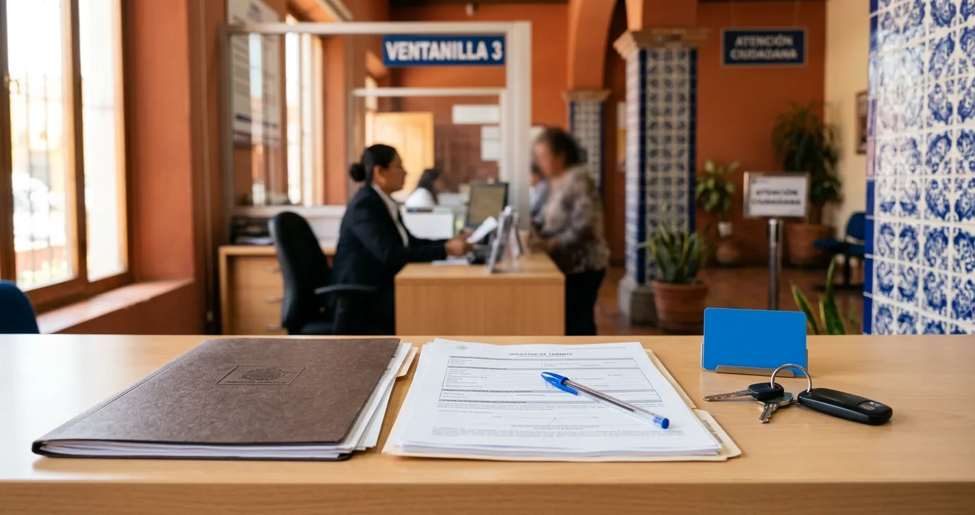 Requisitos de licencia de conducir en Puebla: documentos y llaves de auto sobre el mostrador de un módulo de trámites