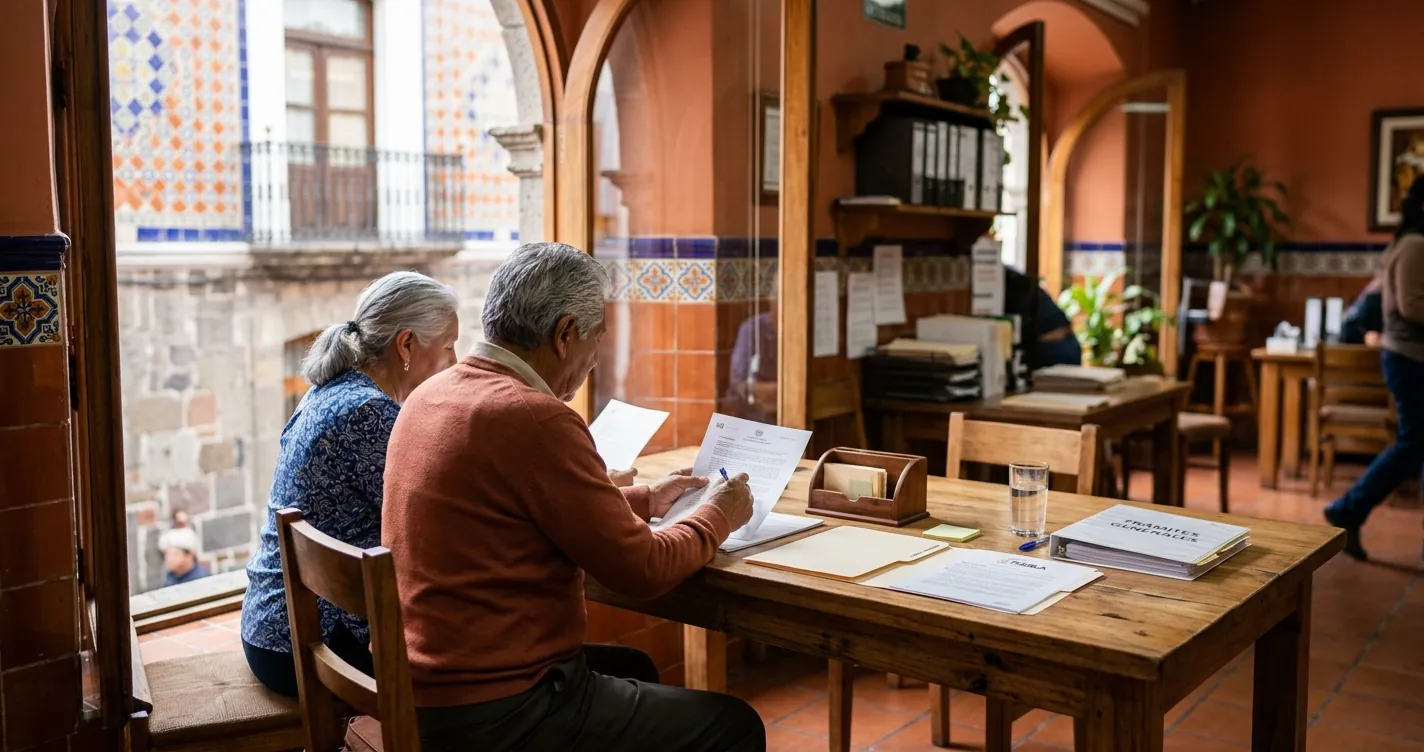 Trámite de pensión IMSS en Puebla: adultos mayores revisando documentos para su jubilación