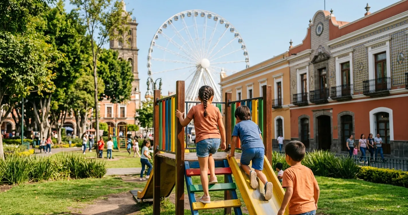 Lugares de diversión para niños en Puebla: parque infantil con juegos y área verde