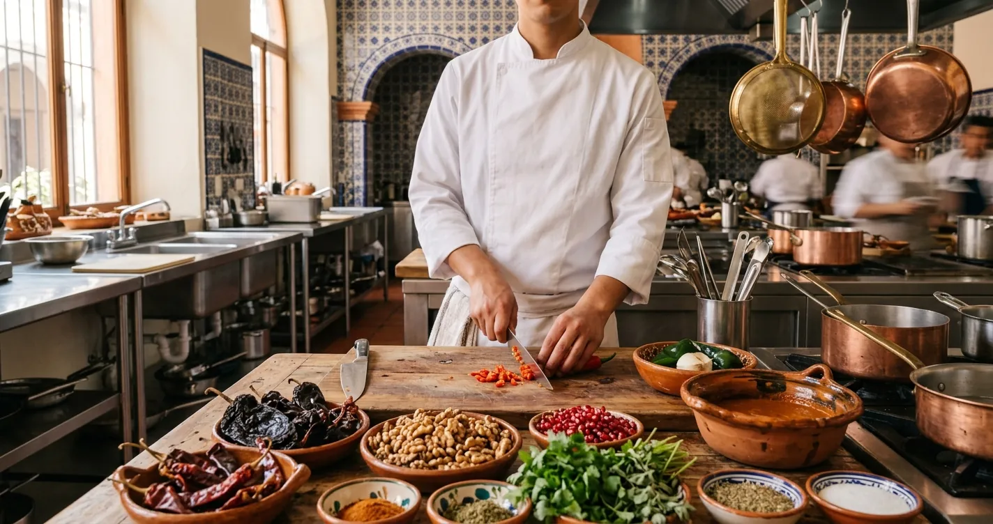 Escuelas de gastronomía en Puebla: cocina escuela con ingredientes de cocina poblana y estaciones profesionales