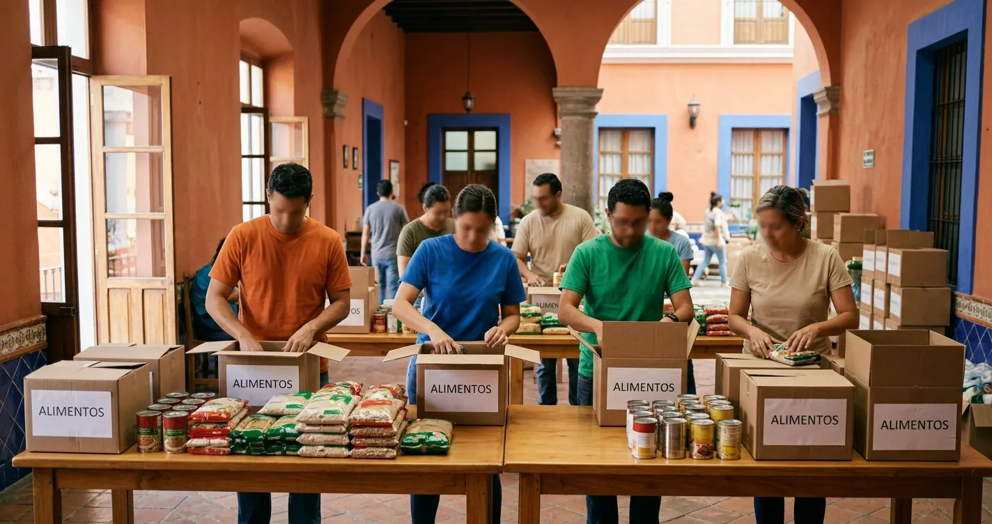 Organizaciones sin fines de lucro en Puebla - Voluntarios preparando despensas en un centro comunitario poblano