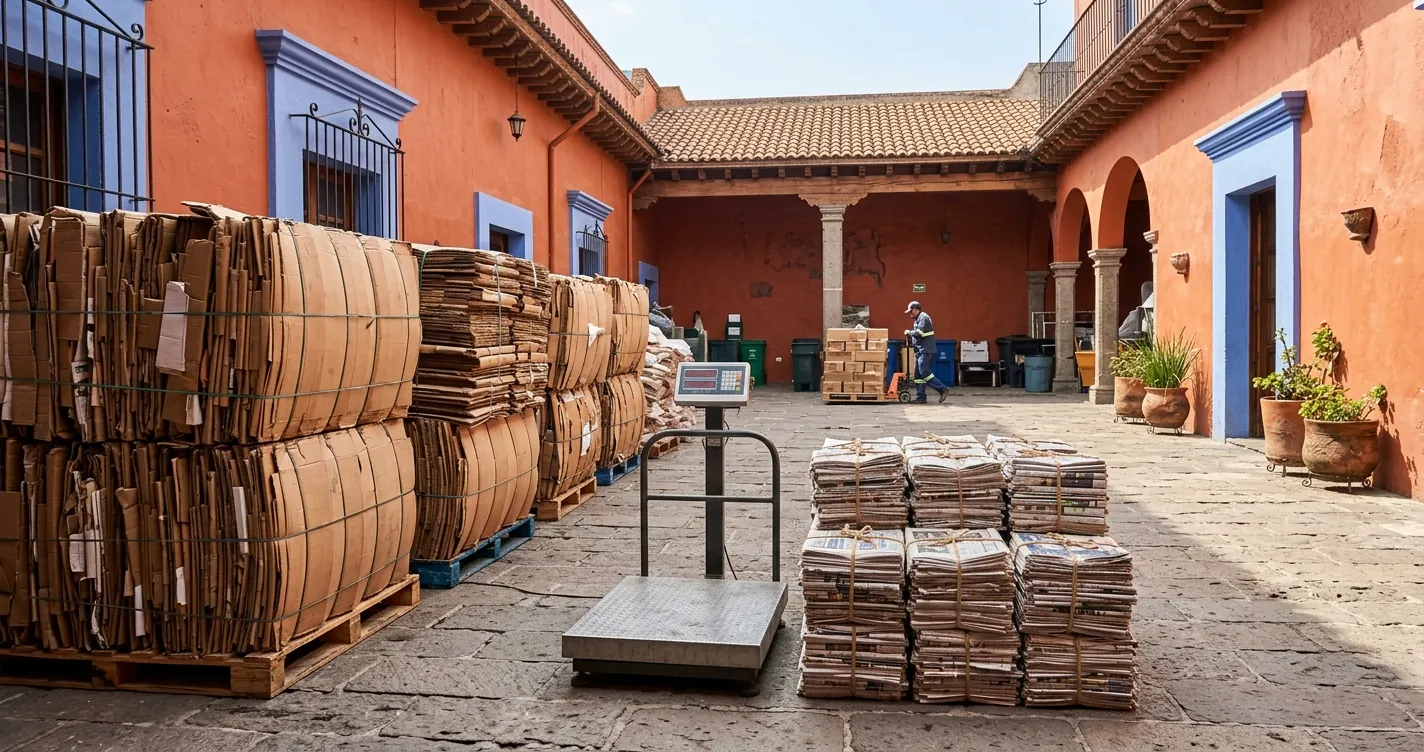 Centros de reciclaje de papel en Puebla con pacas de cartón y periódico listas para pesar