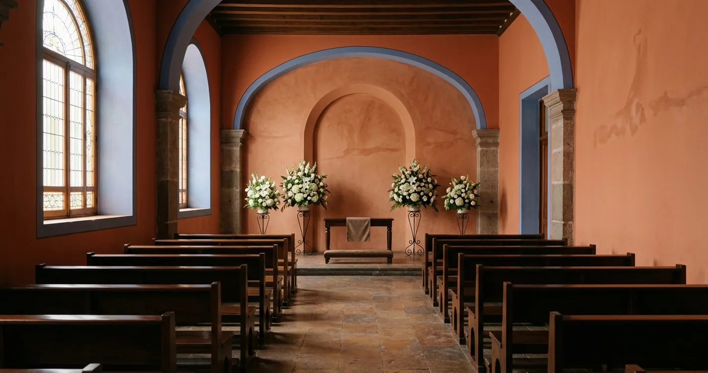 Capilla velatoria de una de las funerarias en Puebla con flores blancas y luz natural