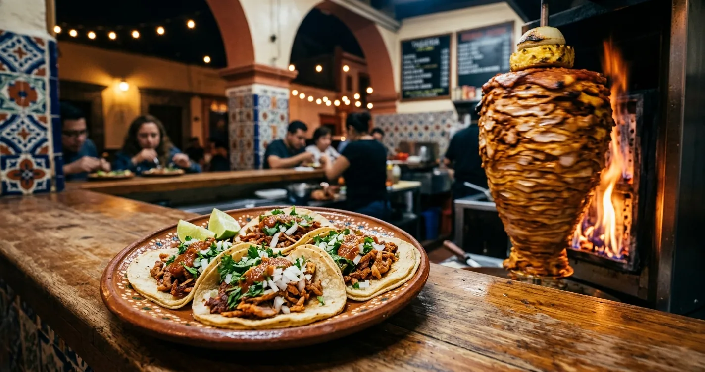 Mejores tacos al pastor en Puebla - trompo y tacos servidos en taquería tradicional poblana