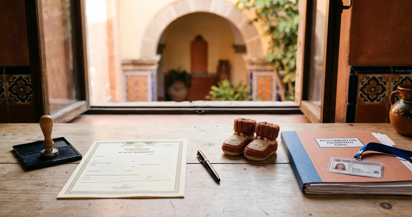 Requisitos para registrar a un recién nacido en Puebla - acta de nacimiento, sello y zapatitos de bebé sobre escritorio del Registro Civil