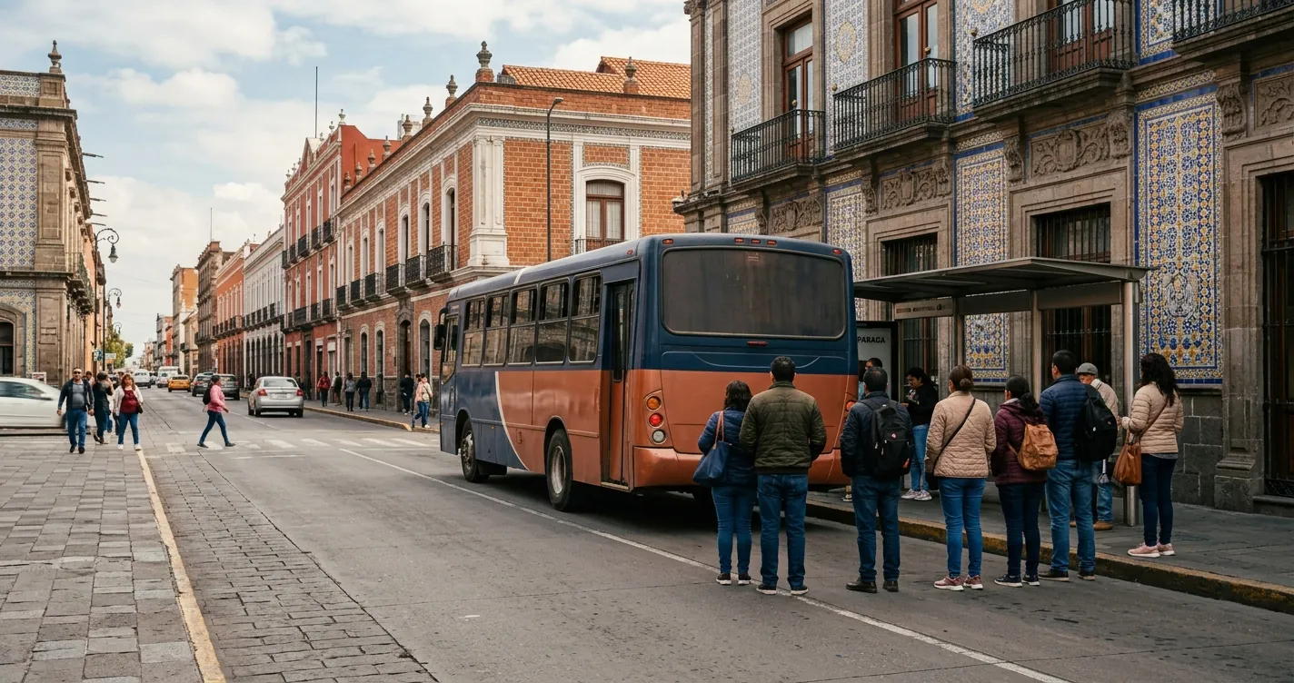 Recorrido de la Ruta 14 en Puebla: camión urbano en paradero con arquitectura colonial de fondo