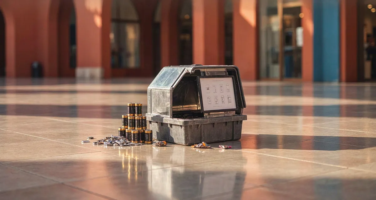 Centros de reciclaje de pilas Puebla: contenedor de acopio con pilas usadas AA y de botón en un centro comercial de la ciudad