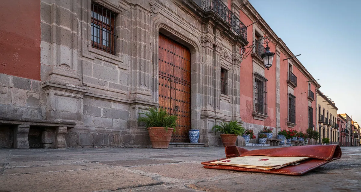 Notarios en Puebla: fachada de una notaría del Centro Histórico con portón de cantera, documentos sellados y horarios de atención 2026