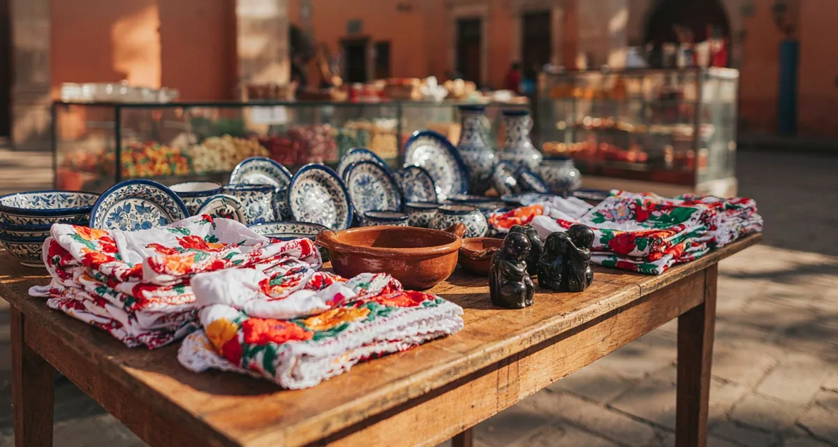 Artesanias tipicas de puebla: platos de talavera pintados a mano, textiles bordados de la Sierra Norte y figuras de ónix en un puesto del Centro Histórico de Puebla