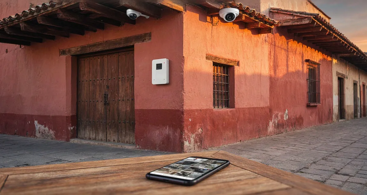 Alarmas de seguridad para casa puebla: panel de alarma junto a la puerta principal, cámara instalada bajo el alero y aplicación de monitoreo en el celular