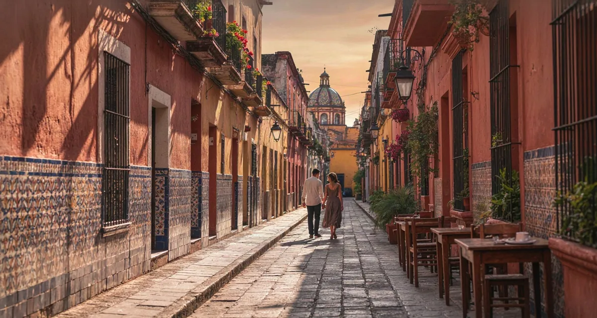 Lugares para ir con tu pareja puebla en 2026: pareja caminando de la mano por un callejón del Centro Histórico al atardecer, con cúpulas y el volcán al fondo