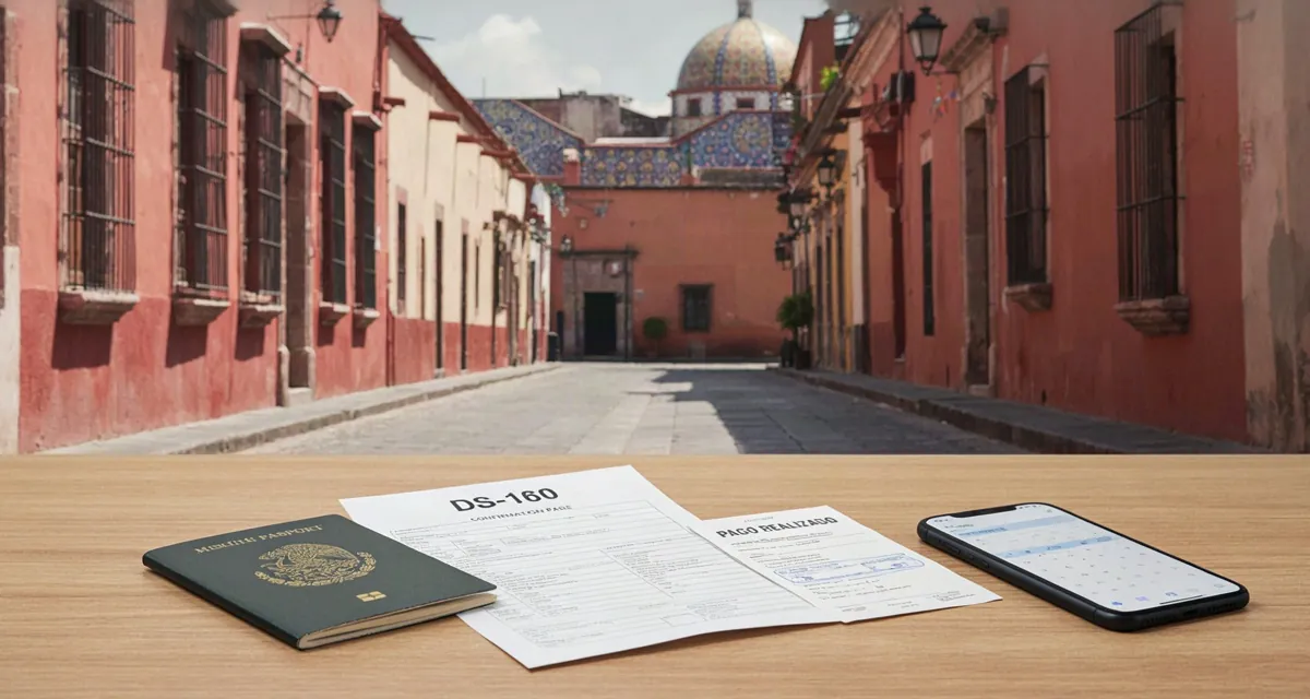 Tramite visa americana puebla: pasaporte, hoja de confirmación del DS-160, comprobante de pago y celular con la cita agendada sobre una mesa, con una calle del centro de Puebla al fondo