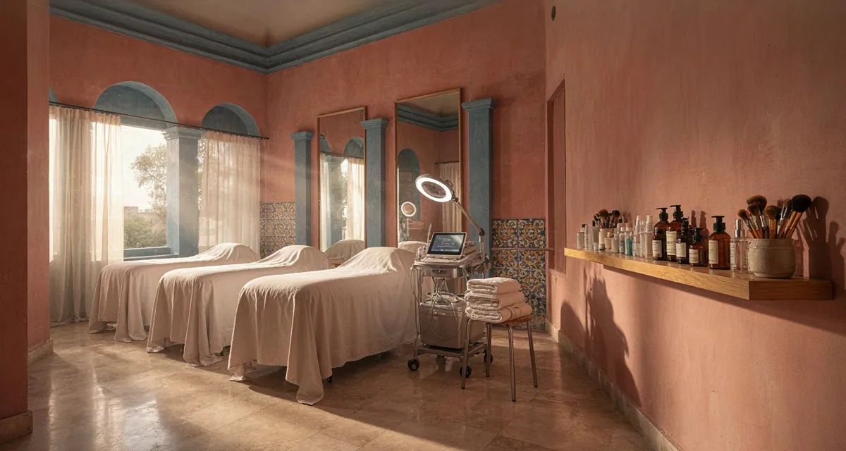 Escuelas cosmetologia puebla 2026: salón-escuela de cosmiatría con camillas de estética, carrito de aparatología facial y productos cosmecéuticos listos para práctica