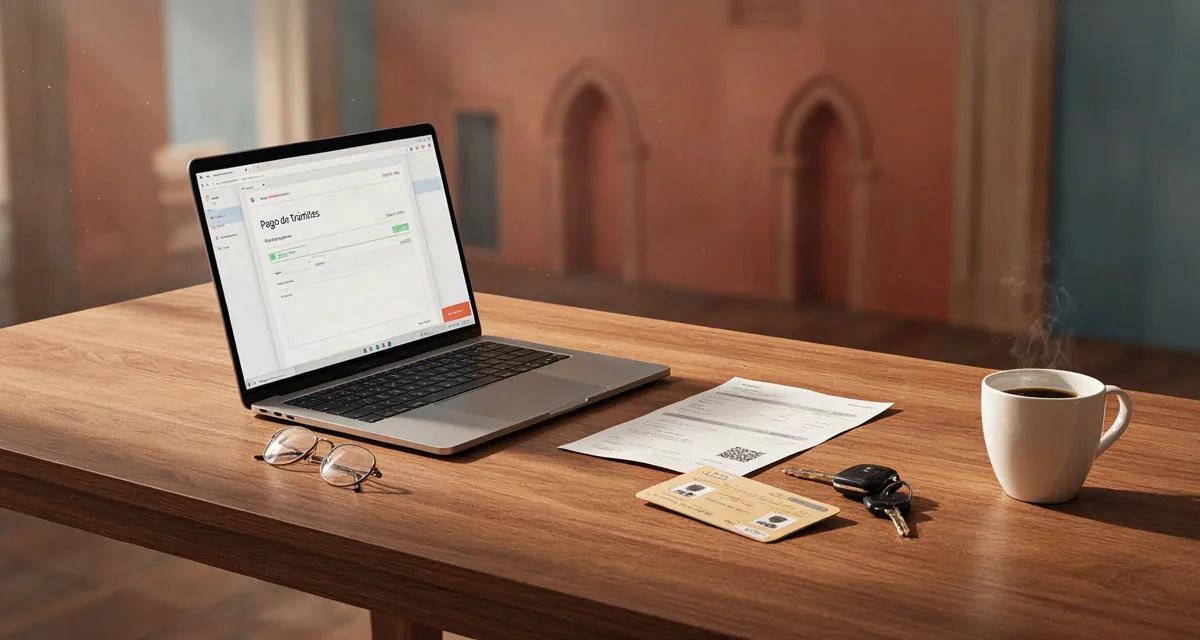 Escritorio con laptop para imprimir recibo control vehicular Puebla 2026 desde el portal SEFIPLAN y comprobante con código QR