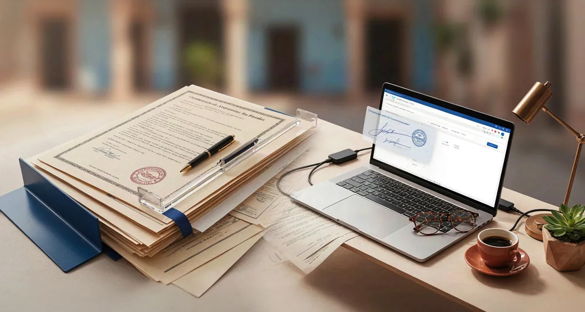 Constancia de antecedentes no penales Puebla 2026 sobre escritorio con documentos oficiales y portal de trámites en línea