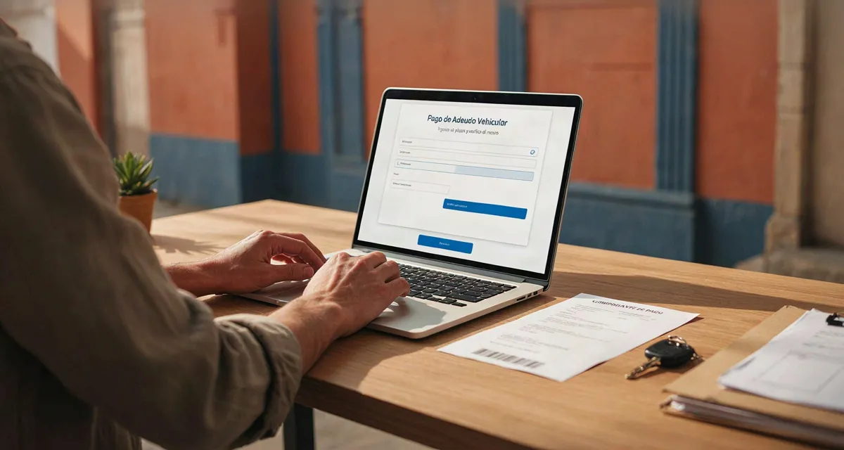 Pasos para pagar multa de verificacion puebla 2026 en el portal SEFIPLAN con comprobante de pago vehicular y llaves del auto en el escritorio
