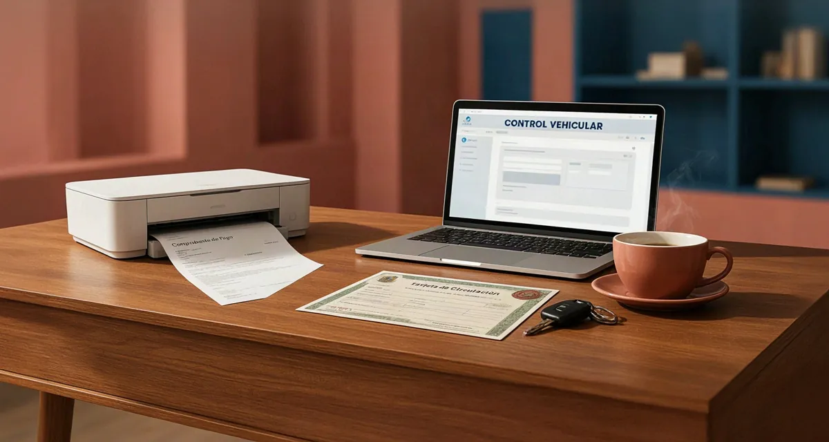 Comprobante para imprimir pago de tenencia Puebla 2026 descargado desde el portal de SEFIPLAN sobre un escritorio con laptop e impresora
