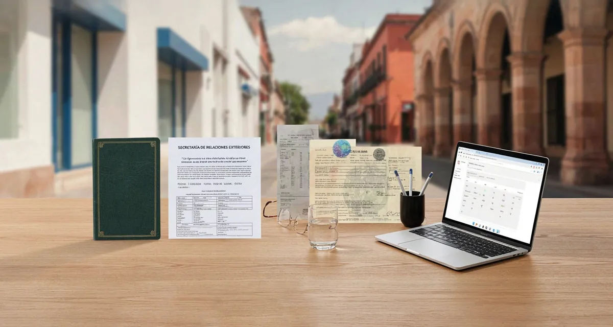 tramite de pasaporte en puebla 2026: cita de la SRE, comprobante de pago de derechos y pasaporte mexicano sobre un escritorio