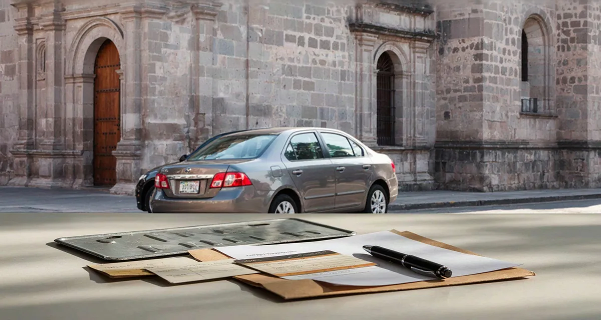 Trámite para emplacar placas de otro estado Puebla: placas foráneas sobre el mostrador del módulo de la SMT con documentos y factura del vehículo