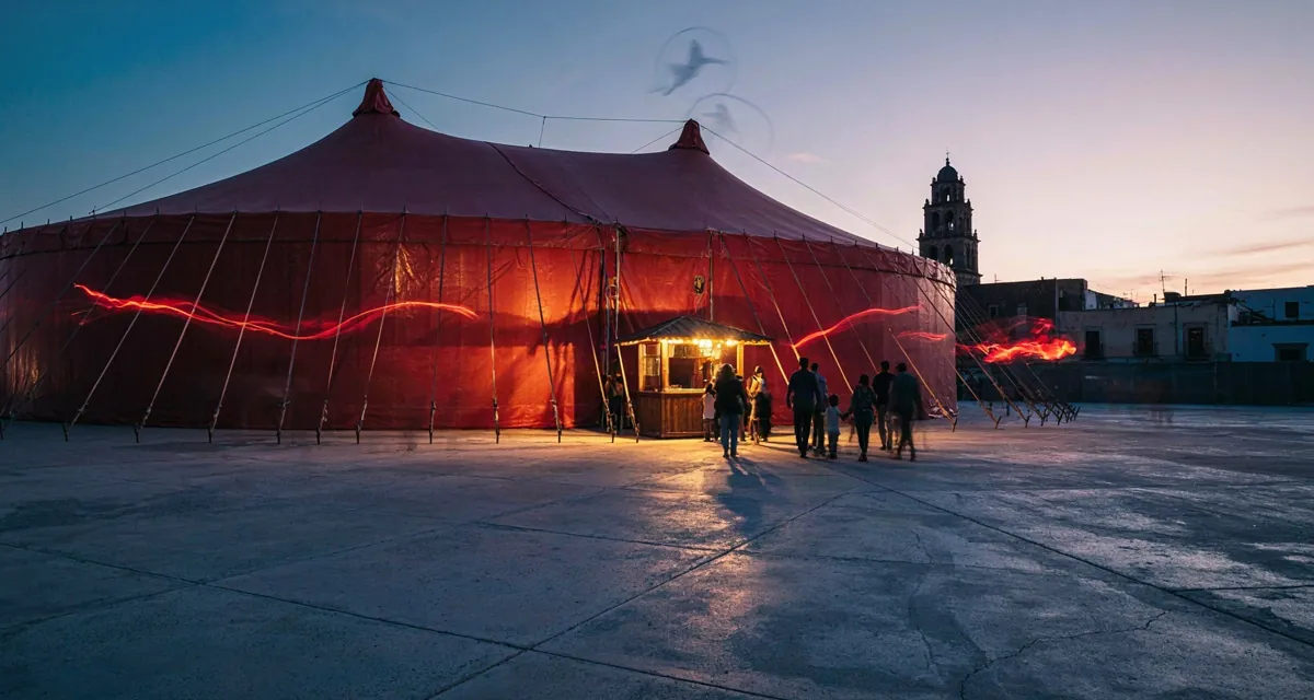 Carpa iluminada del circo chino de pekin en puebla de noche, con acróbata en aro aéreo y familias entrando a la taquilla, temporada 2026